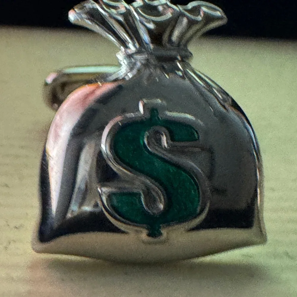 Roundtree & Yorke Silver Money Bag Cufflinks Green Dollar Sign‎